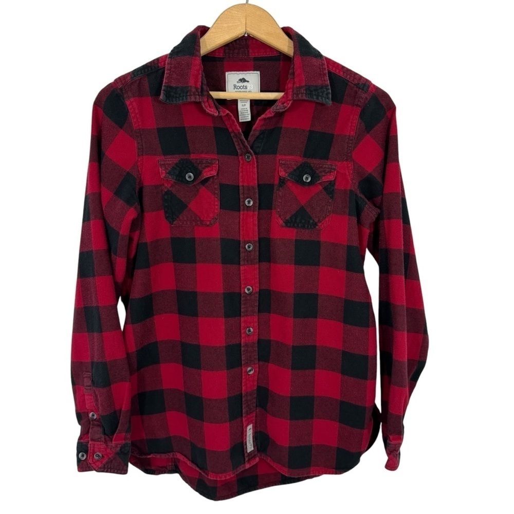 Roots Buffalo Plaid Flannel Shirt Womens S Black Red Check Long Sleeve Button Up